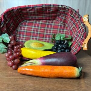Decorative Folk Art Faux Fruit Vegetable Basket Plaid Liner Glazed Paper Mache